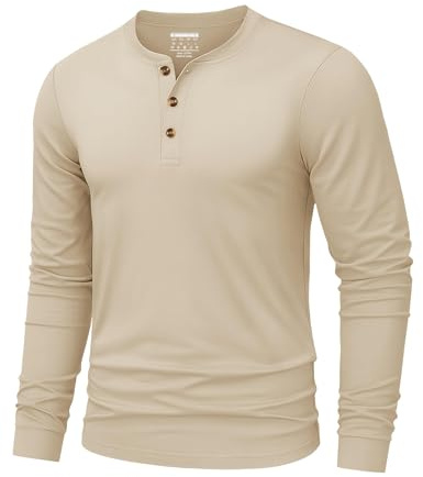 TACVASEN Tshirt Uomo Cotone Maglietta Maniche Lunghe Inverno Maglia Henley Base Sfilo a Bottoni Taglio Regular Camicia Uomo Elegante Casual Cachi, M