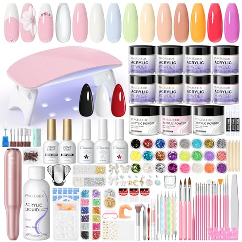 PEACECOLOR Acrylic Nail Kit with Electric Nail Drill and Lamp, 114PCS Nail Set with Everything 11 Colors Clear Pink White Nude Acrylic Powder and Liquid Set False Nail Tips Starter Kit Women Salon