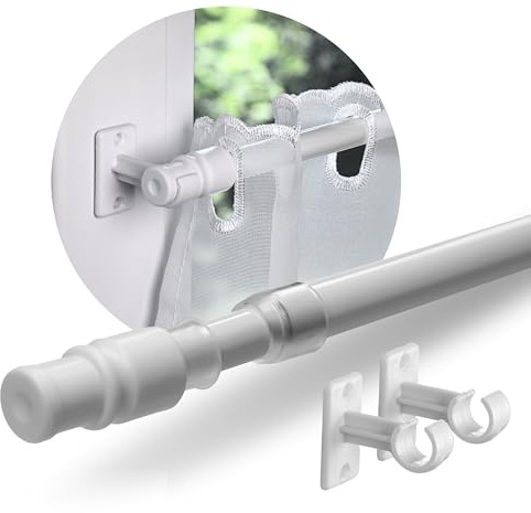 Rollina Scheibengardinenstange ausziehbar 55-85  cm weiß | Gardinenstange zum Kleben oder Schrauben | Bistrogardinenstangen für Fenster | Café-Stangen ohne Bohren | Made in Germany | Metall Ø 12 mm