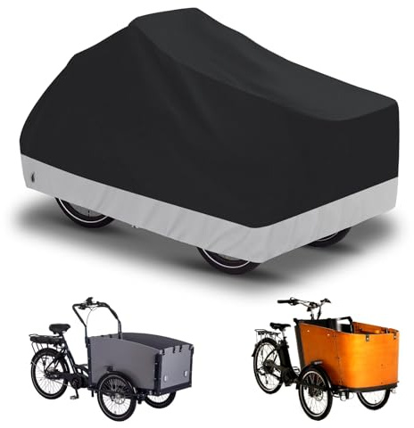 Lastenrad Abdeckung- Fahrradabdeckung wasserdicht aus 600D Oxford,Gewebe verschweißte Innennähte, Fahrradgarage für Lastenrad Abdeckplane Dreirad Fahrradschutzhülle zweispurig (Silber)