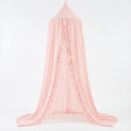 ZIQINPSQ Dosel de cama para niñas y niños con pompones, cortinas de gasa de encaje, volantes, rincón de lectura de princesa para decoración de habitación de niñas (rosa)