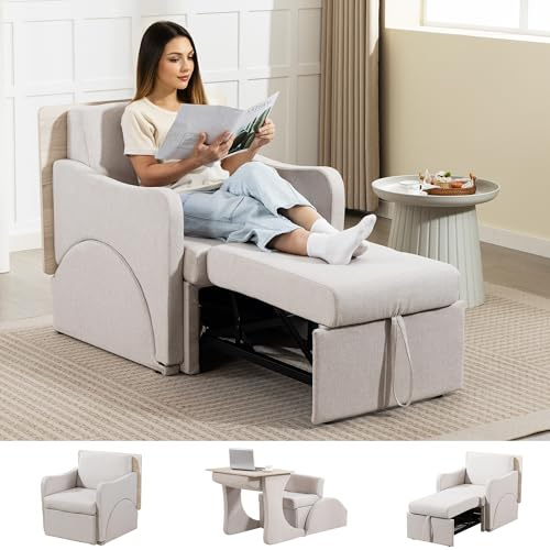 Chaise Lounge Chair Indoor, 3 in 1 Multiple Convertible Pull Out Lounge Couch, Fabric Reading Chairs, Single Sleeper Sofa, Small Couch Bed with Adjustable Backrest for Dorm, Bedroom, College, White
