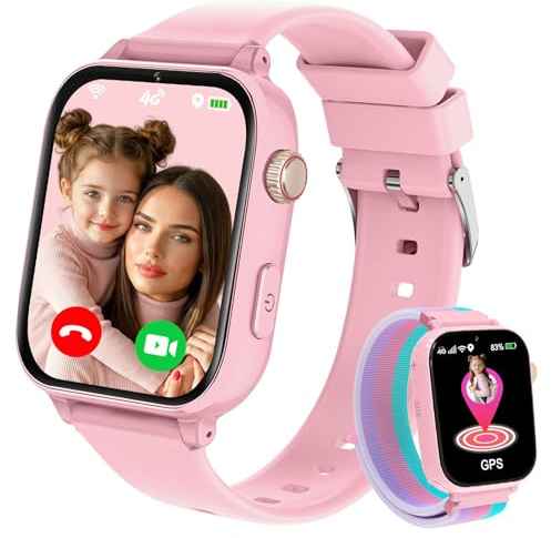 Smartwatch Kinder mit GPS und Telefon, 4G Kinderuhr mit Videoanruf Voice Chat, 2x Uhrarmband‌, SOS, Schulmodus, Schrittzähler, Wecker, Uhr Kinder Smartwatch für Mädchen Jungen Geschenke, Rosa