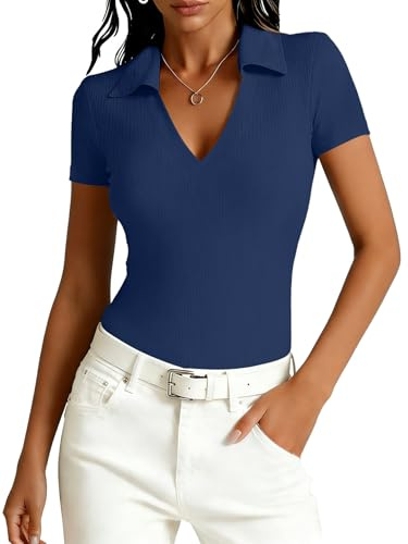 Dressmine Polo Shirts for Women V Neck Short Sleeve Basic Y2K Going Out Tops Fitted Ribbed Work Gym Golf Blouse