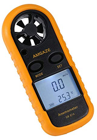 Amgaze Digital Anemometer LCD Wind Speed Gauge Handheld Air Flow Velocity Measurement Thermometer Device for RC Drones Helicopter Windsurfing Kite Flying Sailing Surfing Fishing (Battery Included)