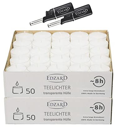EDZARD Set 100 Teelichter (8 Stunden) weiß, aus Paraffin plus 2 Mini Feuerzeuge - Teelicht für Teelicht-Glas, Nightlights inkl.Anzünder - Kerzen