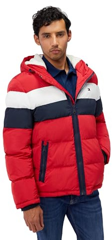 Tommy Hilfiger Hooded Puffer Jacket Manteau d'extérieur en Duvet Alternatif, Rouge/Glace/Bleu Marine Poly Tech, M Homme