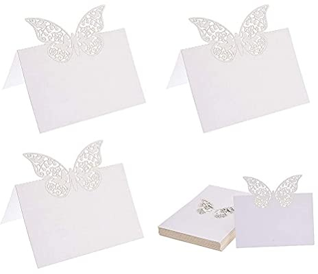 LATRAT 20 tarjetas blancas con forma de mariposa, con corte láser, para nombres y lugares, color blanco con mariposas blancas, tarjetas de mesa, para invitado, cumpleaños, bodas, fiestas