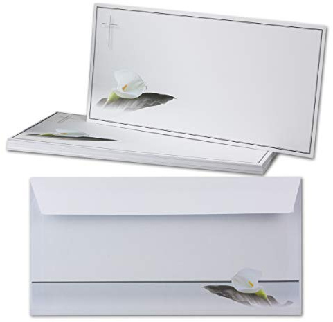 Lot de 50 cartes de condoléances avec enveloppes DIN longues - Motif fleur de deuil - Cartes de remerciement sans fenêtre - Carte de condoléances digne