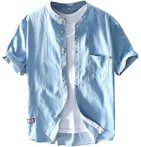 GIBZ Chemise en Jean pour Homme en Coton Décontracté | Boutonné à Manches Courtes Chemises Été