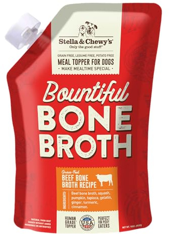 Stella & Chewy's Human-Grade Grass-Fed Beef Bone Broth for Dogs - Joint & Gut Health Liquid Food Topper with Collagen & Turmeric, 16 Fl Oz Resealable Pouch