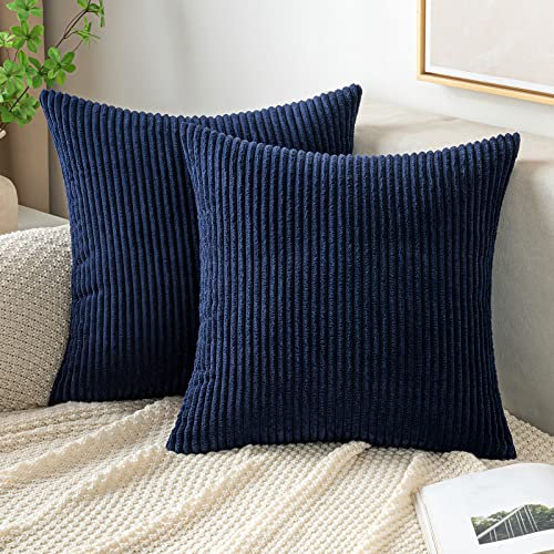 EMEMA Kissenbezug 50x50 cm Kordsamt Kissenbezüge Dekokissen Sofakissen Cord Kissenhülle Zierkissenbezug Kord Dekorative Weiche für Sofa Wohnzimmer Schlafzimmer 2er Set Navy Blau