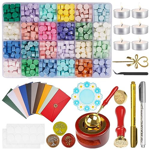 MICTER Siegelwachs Set, 24 Farben Wachssiegel Stempel Set mit 600 Stück Siegelwachs Perlen, Siegelwachswärmer, Siegellack Stempel, Schmelzlöffel und Teelichte, für Geschenk, Dekoration und DIY