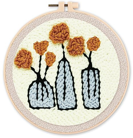Figured'Art Punch Needle Kit Complet pour Adultes et Enfants - Fleurs et Vases - Parfait pour Débutant. Set prêt à broder taille 20x20cm avec cadre circulaire
