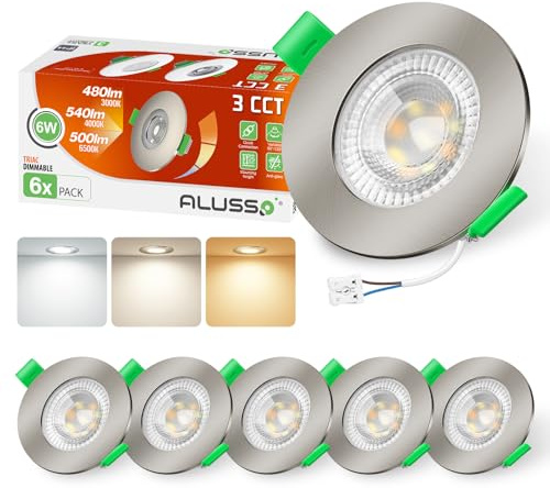 ALUSSO 3CCT Downlight for Ceiling 230V Dimmable 6W IP44 68-75MM Cutout 6PCS | Nickel LED Recessed Ceiling Lights Warm White 3000K Neutral White 4000K Cool White 6500K Adjustable, Spotlights for Bathroom