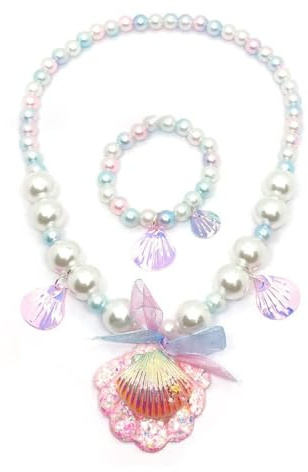 MenYiYDS 2 Pcs Ensemble de Bijoux pour Filles, Collier et Bracelet, Collier et Bracelet pour Enfants avec Perles, Bijoux en Coquillages pour Filles, Cadeau Parfait pour Les Enfants