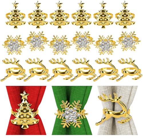 Guld jul servettringar set, 18 st julgranar älg snöflinga servettspänne servetthållare jul legering servettspännen, sele ringar hållare för familj bröllop Thanksgiving party