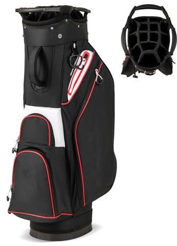 GYMAX Golf Cart Bag with 14-Way Dividers, Lightweight Golf Club Bag with Zippered Pockets Including Cooler Bag, Rain Hood, Shoulder Strap, Carry Handle, Portable Golf Bags for Men Women (Black)