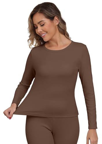 IWOLLENCE Thermal Long Sleeve Top Women Ladies Thermals T Shirt Base Layer Thermal Underwear Warm Fleece Vest Winter Thermal Wear (Coffee, M)
