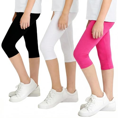 JinBei Mallas Niñas 3/4 Leggings Algodón, 10-11 años, Fucsia Negro Blanco