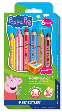 STAEDTLER Noris junior crayons de couleur Peppa Pig lot de 6 – crayons 3-en-1 cire et aquarelle pour peindre sur différentes surfaces – mines extra-tendres pour des couleurs vives