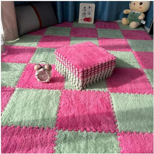 HynJGih 16 Uds. Alfombra de Espuma Felpa, Alfombra retales, for Gatear, alfombras entrelazadas Antideslizantes(Rose Red+Green,0.6cm)