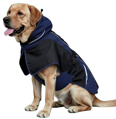 Waterproof Dog Raincoat, Windproof Breathable High Collar Rain Jacket with Reflective Stripes, Adjustable Pet Rain Coat with Leash Hole for Small Medium Large Dogs (Navy&Black, Large)
