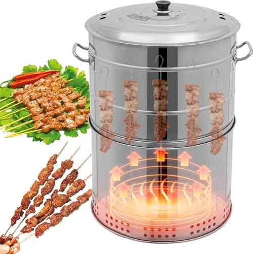 Ahumador Barril Asador de Carne Asador de Acero Inoxidable Parrilla Vertical de Carbón de 360° Incluye Termómetro y Recipiente for Pollo, Pavo, Cerdo y Cordero