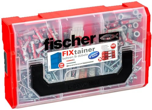 fischer FixTainer bohren & dübeln, Dübelbox mit 306 Teilen, inkl. DuoPower Dübel, Schrauben, Zollstock, Flaschenöffner, Wasserwaage, praktische Werkzeugkiste mit Tragegriff & Klicksystem