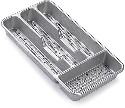 PLASTIFIC Large CUTLERY TRAY Utensils Spoon Fork Holder Flatware Organiser for Kitchen Organiser Strong Plastic Drawer Sliding Tidy (33 x 17.5 x 4.3 slim, Silver)