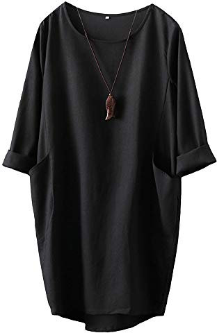 FTCayanz Damen T-Shirt Tunika Kleid Langes Leinenkleider Elegant Langarm Blusenkleid Mini Kleider Schwarz XL