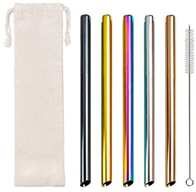 Pailles métalliques réutilisables, 5 pailles Boba en Acier Inoxydable Pailles à Boire en métal Extra Larges avec brosses de Nettoyage pour Smoothie, Bubble Tea (Multicolore)