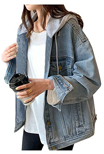 LifeShe Women's denim jacket with hood oversized distressed jean jackets hoodie