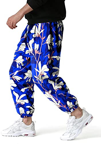 Herr säckiga blommiga tryckta hippiebyxor blommönster breda ben träningsbyxor joggingbyxor haremsbyxor mönstrad yoga hippy byxor, X-15, XXL