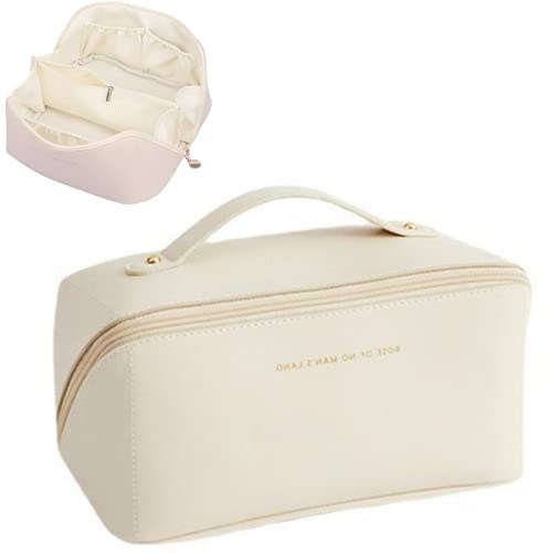 Bolsa de cosméticos grande de viaje, organizador de cosméticos, bolsa de maquillaje de alta capacidad, bolsa de almacenamiento de piel sintética, beige, Hermoso