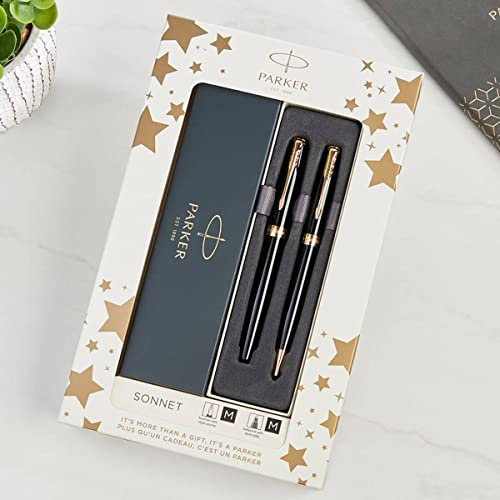Parker Sonnet Ballpoint & Fountain Pen Set - Gloss Black with Gold Trim - Personalised Pen Luxury Gift for CEO, Executives, Managers