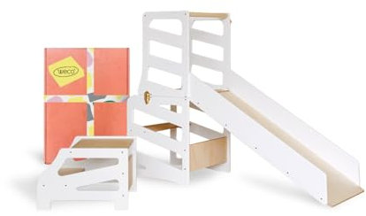 Weco Montessori Kinder Lernturm 3 in 1 Streifen Design mit Rutsche und Tritthocker FSC Zertifikat Schreibtisch Montessori Möbel Küchenhelfer klappbar Stylisch Lernturm (Weiß)