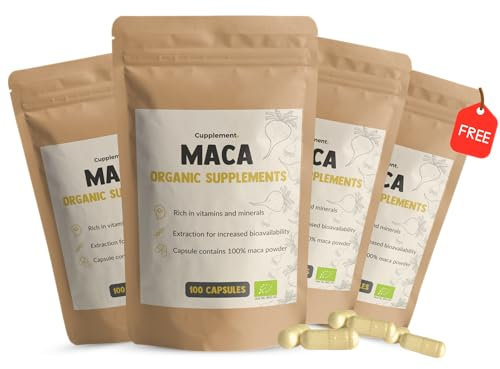 Cupplement - 4 sachets de Maca 100 Capsules - Pilulier Gratuit - Bio - 500 MG par capsule - Sans Poudre - Supplément - Racine - Superfood - Énergie & Libido - Pure
