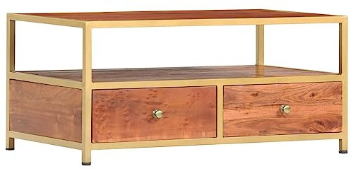 SDWEHO7 Couchtisch mit 1 offenen Fach und 2 Schubladen, Beistelltisch fürs Wohnzimmer, rechteckiger Kaffeetisch Sofatisch, Vintage-Stil, 90 x 50 x 40 cm Massivholz Akazie Braun