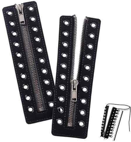 PH PandaHall Leather Lace-in Boot Zipper Inserts, 17.5x5cm/ 6.9 x 2 Inch 10 Metal Eyelets Zipper Boot Laces Black No Tie Shoe Laces for Adults Men Women Tieless Shoe Sneakers Laces Repair DIY