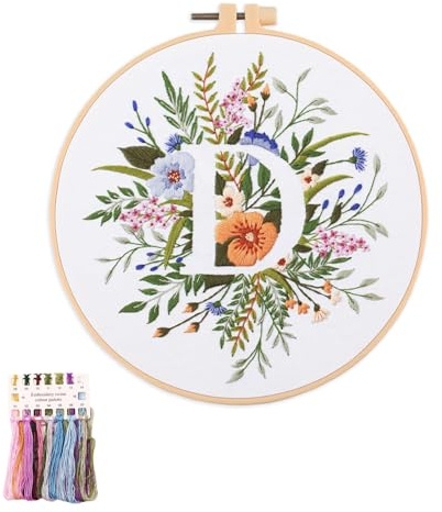 artcici Broderikit växt blomma bokstav D-mönster för nybörjare vuxna, komplett sortiment broderi startsatser korsstygn handarbete tillbehör