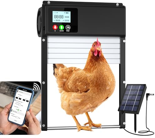 Puerta de gallinero automática con control remoto WiFi, funciona con energía solar, abridor automático eléctrico de puerta de pollo con temporizador y ajuste de sensor de luz con pantalla LCD, puerta