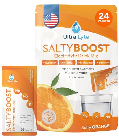 Ultra Lyte Elektrolytdrycksblandning Påsar - Sockerfritt Elektrolytpulver med Högt Natrium, Spårmineraler och Kokosvatten - Rehydrering för Fitness (24 Påsar, Saltig Apelsin)