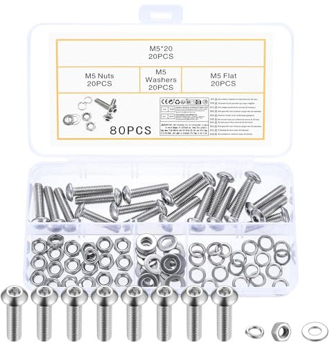 80 Juego de Tornillos y Tuercas, Tornillos M5 x 20 mm, Tornillos de Cabeza Hueca Hexagonal con Tuercas, Tornillos de Cabeza Plana Tornillos de Cabeza Hexagonal de Acero Inox con Arandelas