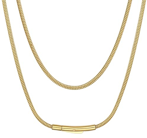 Suplight Cadena Hombre Dorado Acero Inoxidable Collar Serpiente Eslabones Unisex Plateado 2mm de Ancho 66cm de Longitud Cadena Hombre Mujer Chapado en Oro 14K con Caja de Regalo de Joyería