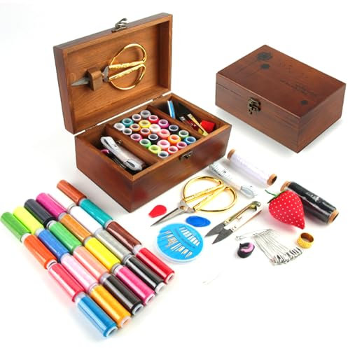 WANDGU 37 Stücke Nähkästchen: Grundlegendes Nähset, Nähzubehör und Zubehör, Premium Nähset mit Nähzubehör, Holz Nähset, Hand Nähen Set, Handnähset, Leder Werkzeug Set für Camping, Heimwerken