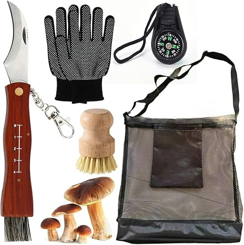 DASIAUTOEM Mushroom Knife with Brush, Stainless Steel Sponge Knife, Mushroom Collector Bag, Portable Mushroom Knife Set with Mushroom Brush, Gloves, Compass, Mushroom Bag for Truffle Mushroom