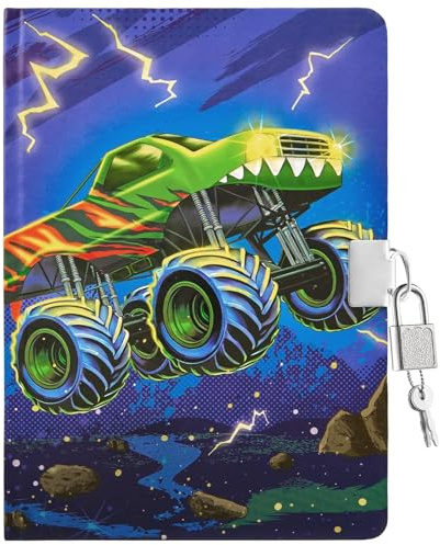 WERNNSAI Diario de Monstruo Camión para Niños, Diarios Luminoso para Niños, Luminoso Diario de Secreto con Candado y Llaves, Cuaderno Escolar A5 con Líneas para Escribir y Dibujar, Cuaderno