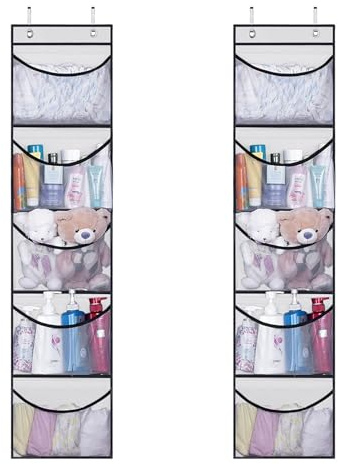 Puedno Over The Door Hanging Organizer with 5 Mesh Pockets, Large Capacity Hanging Storage Organizer Back of Door Storage or Bedroom Bathroom, 2 Pack