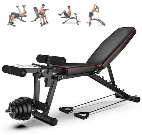 GSKJJT Banco de Pesas Ajustable 200kg de Capacidad de Peso Banco de Musculacion con 2 Bandas de Entrenamiento Ajustable en 4 Niveles para Entrenamiento en Casa